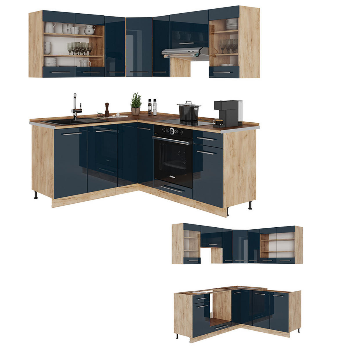 ECKKÜCHE Fame-Line Dunkelblau Hochglanz/Goldkraft Eiche 160x60 cm ohne AP - Honigeiche/Dunkelblau, Holzwerkstoff (190/81.6/46cm) - Vicco