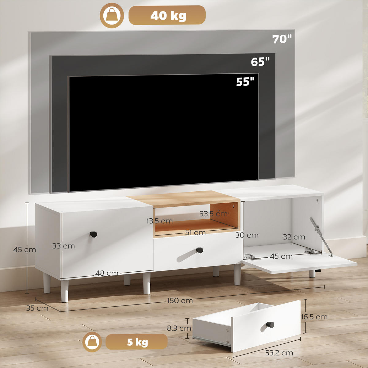 TV-MÖBEL Weiß 1 Stück - Weiß, Holzwerkstoff (150/45/35cm) - GiPP