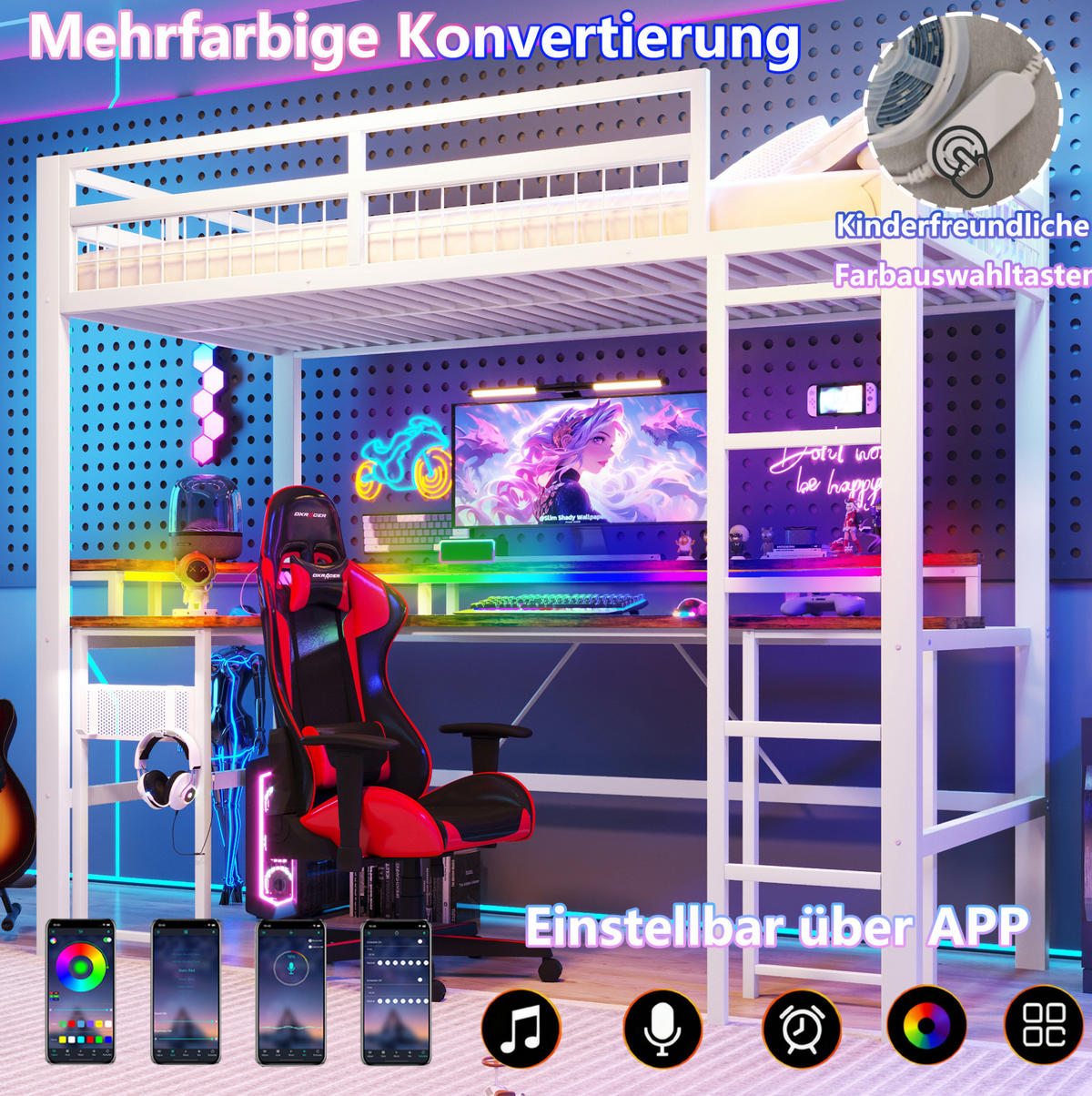 HOCHBETT 90/200 cm Weiß mit LED und Schreibtisch ohne Matratze - Weiß, Metall (90/200cm) - MIVRAY