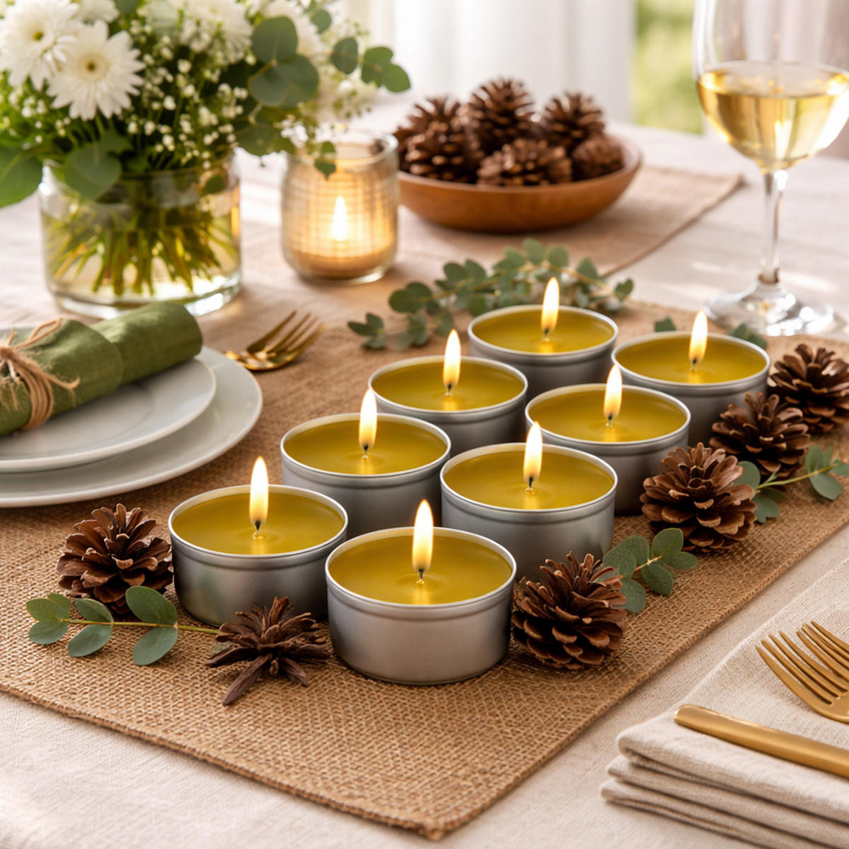 TEELICHT mit Duft - Kiefer - 54er Pack - Dunkelgrün, Naturmaterialien (4/1.5/4cm) - HS Candle
