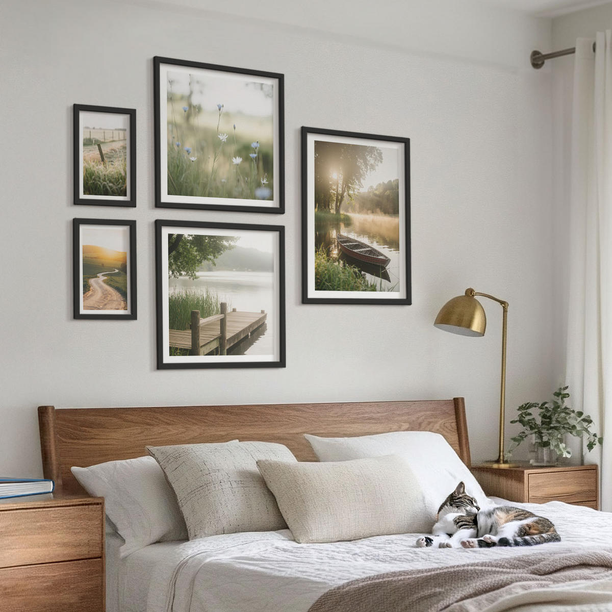 BILDER SET 5er Set - 50x50 cm & 20x30 cm & 40x60 cm Schwarzer Rahmen - Libellen im Gras, Wassermalerei - Schwarz, Kunststoff (40/60cm) - TULUP