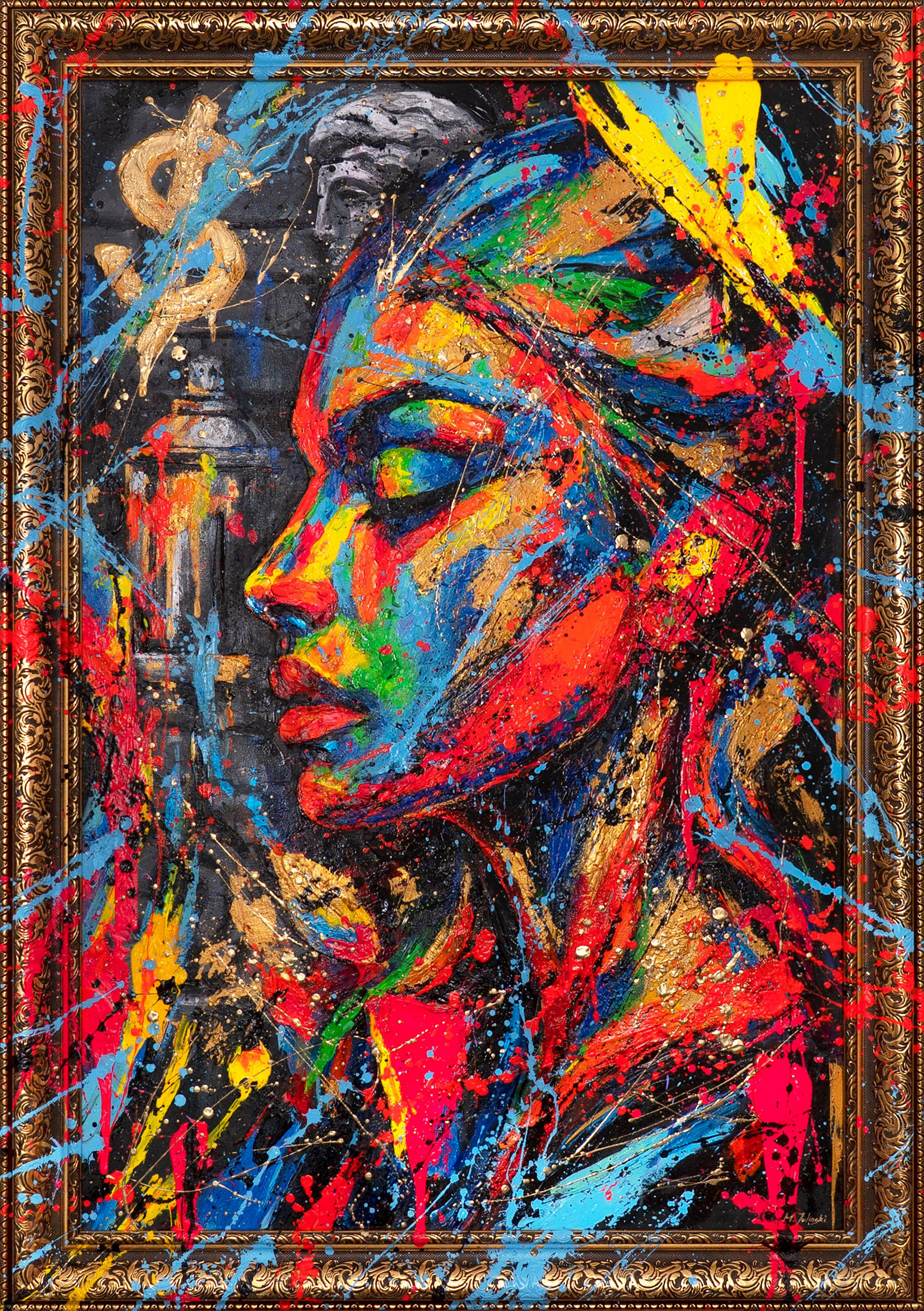 GEMÄLDE Muse der Stadt Schattenfugenrahmen Gold 140x100 cm - Goldfarben, Holz (140/100cm) - YS-art gallery