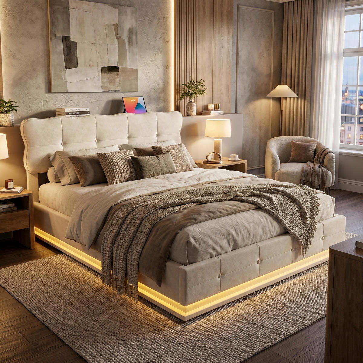 POLSTERBETT Wellen-Design 140/200 cm mit Bettkasten & LED Samtoptik Beige - Beige, Textil (140/200cm) - Creahappy