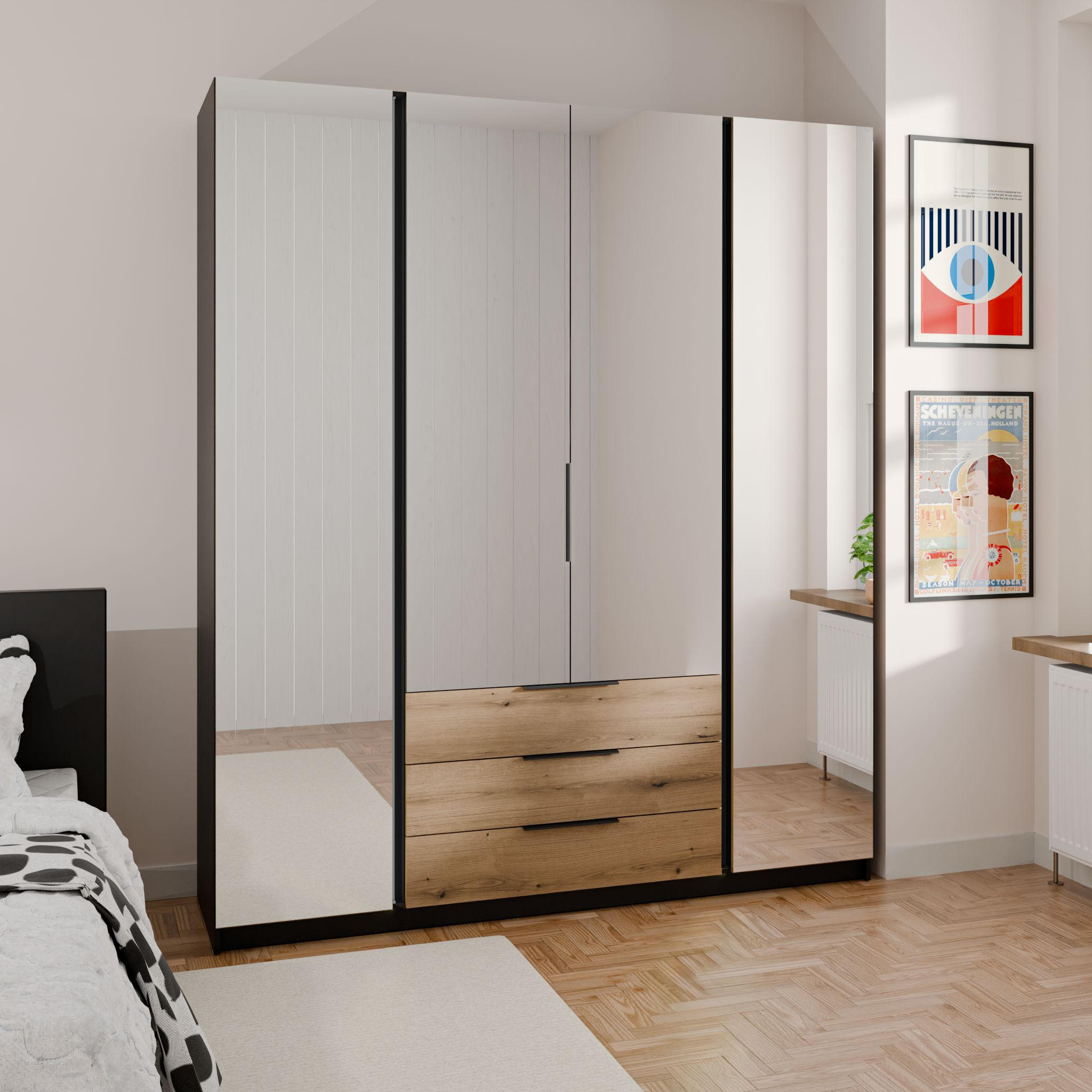 DREHTÜRENSCHRANK CAGLIARI 200/239/61,9cm 4-türig mit Spiegel Schwarz - Goldfarben/Schwarz, Holzwerkstoff (200/239/61.9cm) - MASSENO