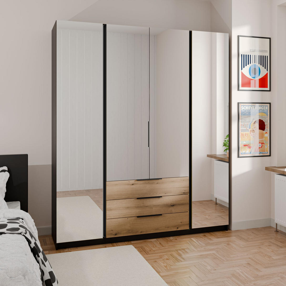 DREHTÜRENSCHRANK CAGLIARI 200/239/61,9cm 4-türig mit Spiegel Schwarz - Goldfarben/Schwarz, Holzwerkstoff (200/239/61.9cm) - MASSENO