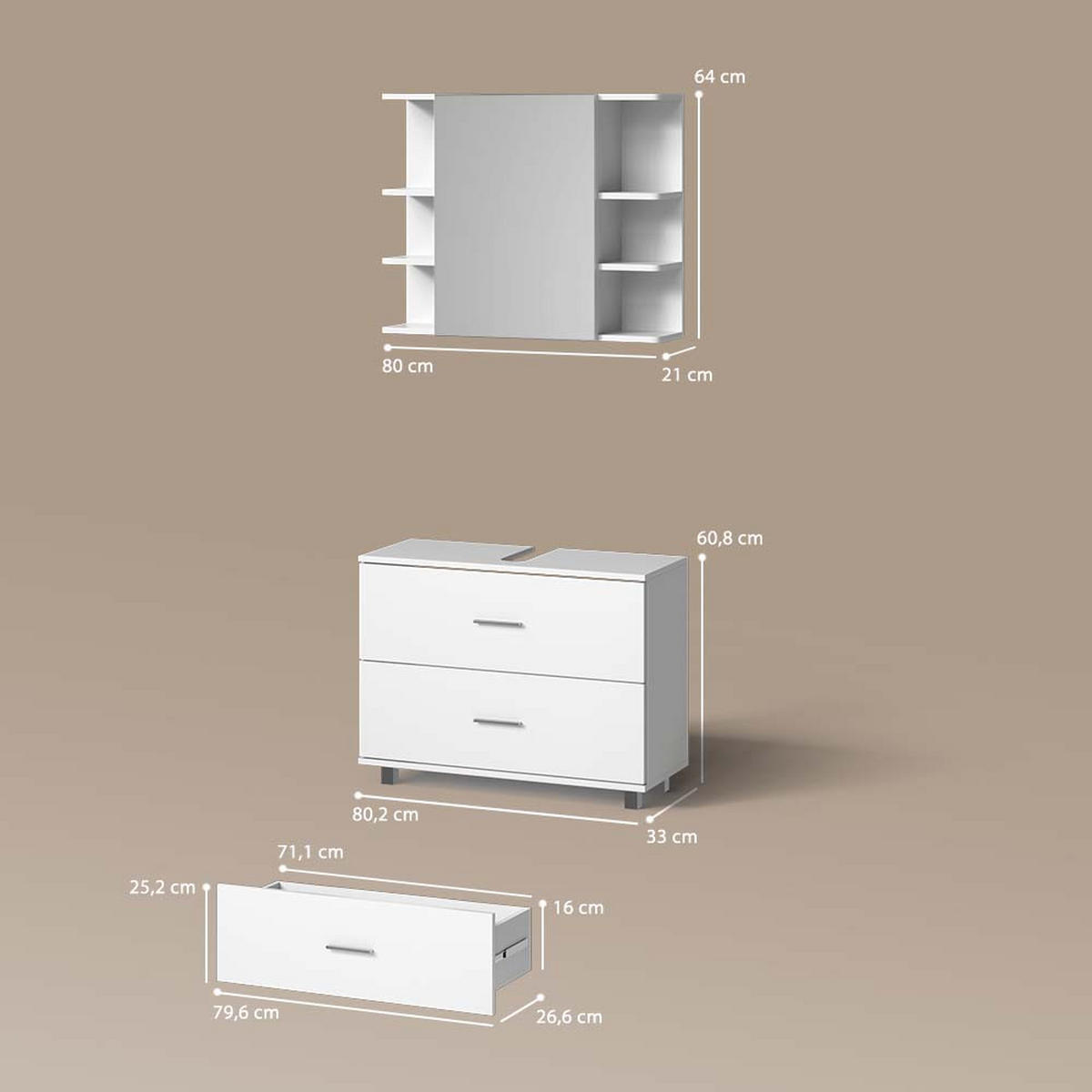 BADMÖBEL-SET Eisak Weiß 2 Teile, Unterschrank 80 cm - Weiß, Holzwerkstoff (80/60/33cm) - Livinity®