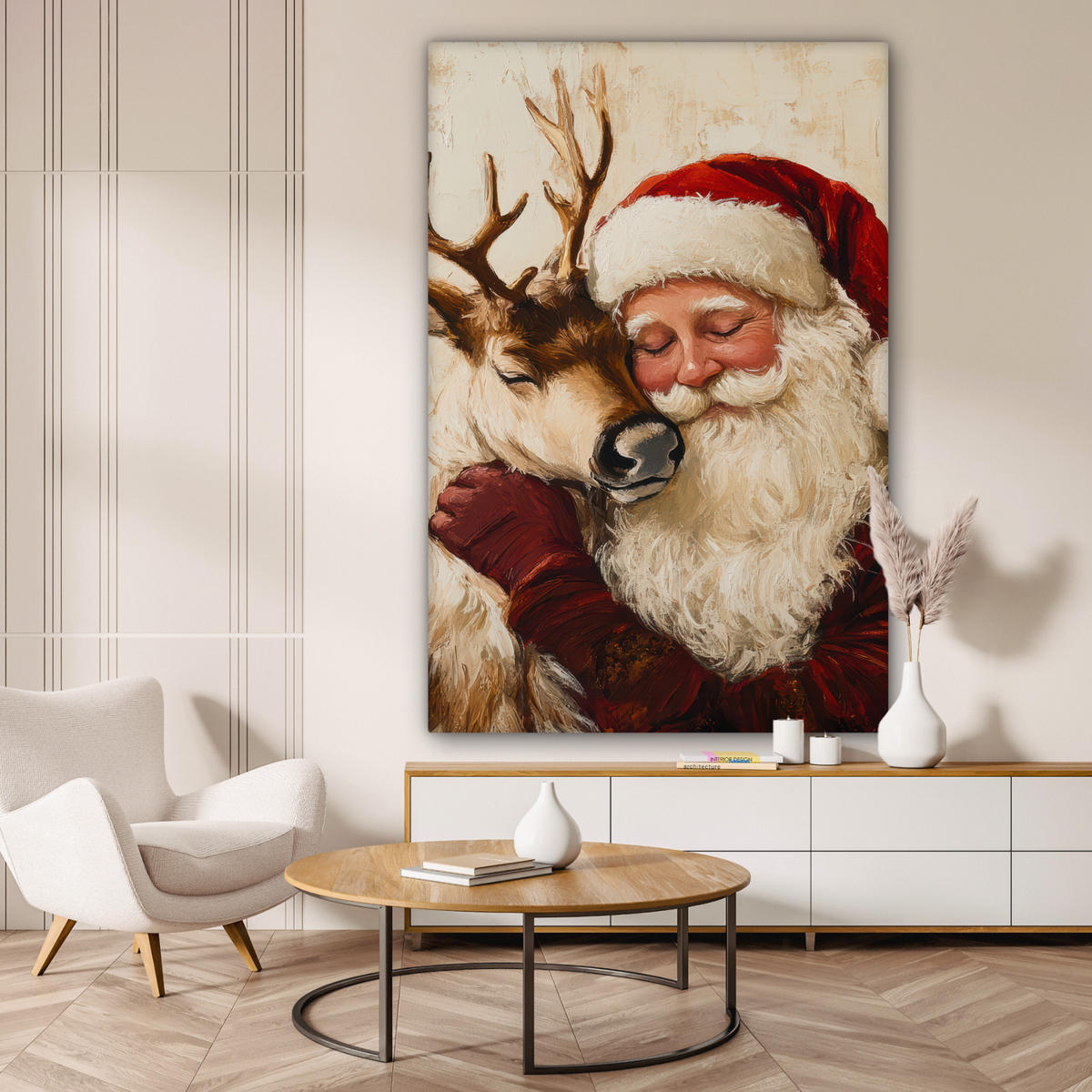 LEINWANDBILD Weihnachtsmann - Rentier - Weihnachten Deko Groß 90x140 cm - Rotbraun, Textil (90/140cm) - MuchoWow