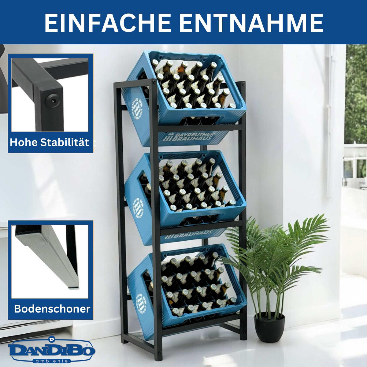 GETRÄNKEKISTENREGAL 3 Kisten Schmal Metall Stehend 47 cm 96599 - Schwarz, Metall (47/113.5/31cm) - DanDiBo