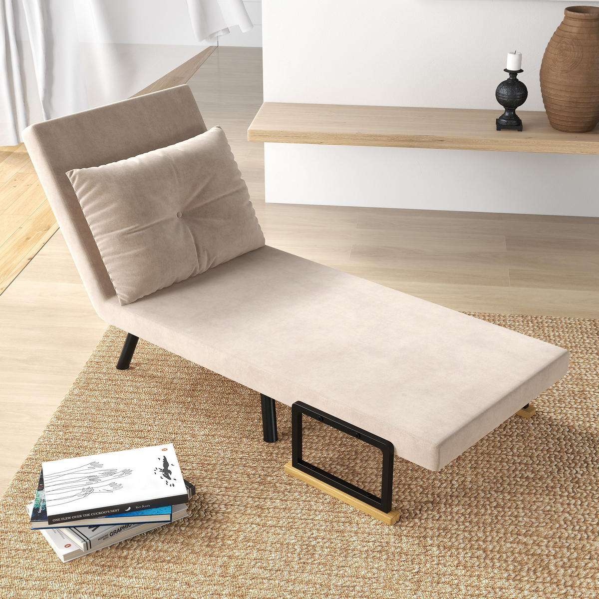 SCHLAFSESSEL, Einzelsofa mit Bettfunktion, Relaxsessel mit Rückenkissen Beige - Beige/Schwarz, Holz/Textil (73/81/63cm) - HOMCOM