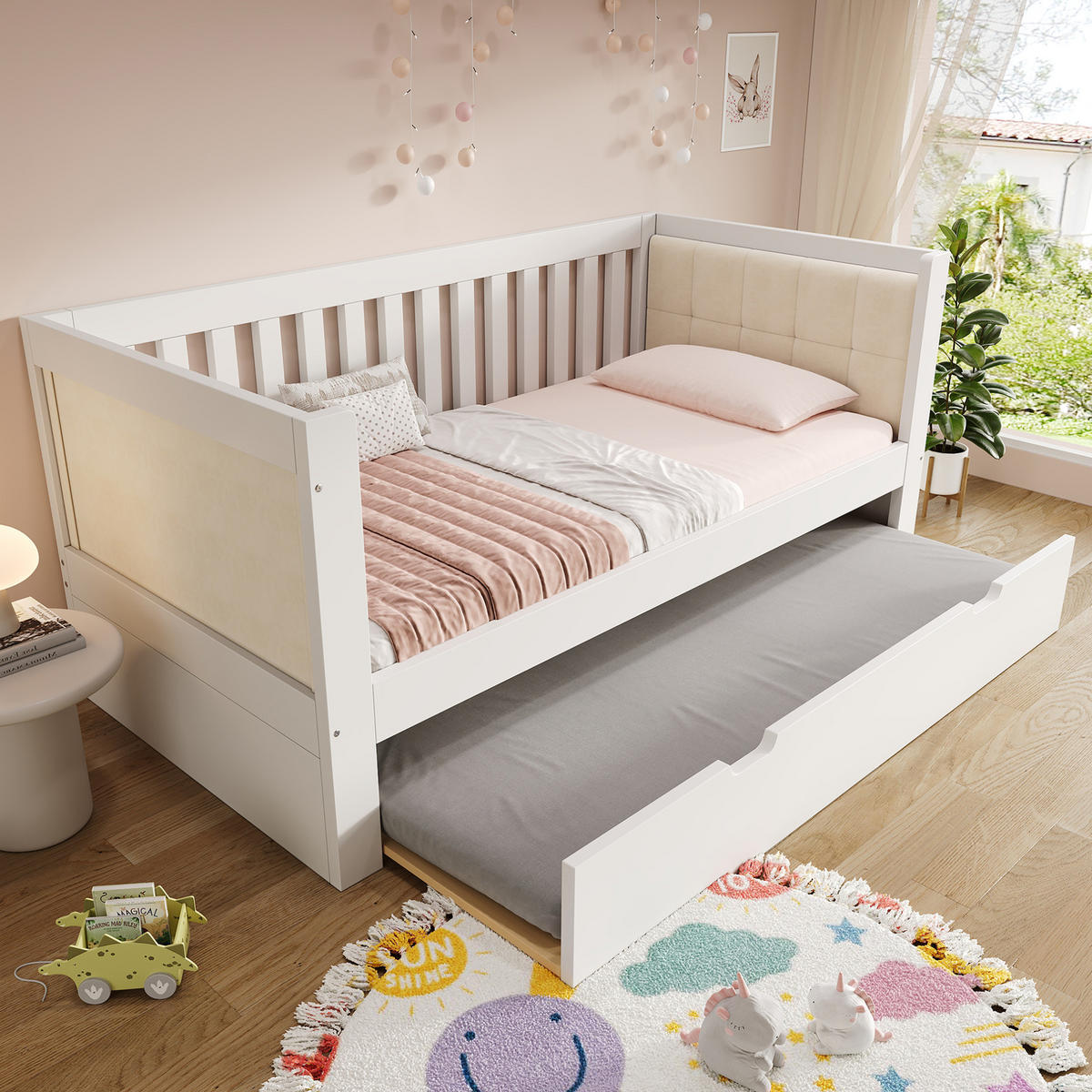 POLSTERBETT 90/200 cm Weiß aus Holz mit Ausziehbett - Weiß, Textil (90/200cm) - OKMYHOME