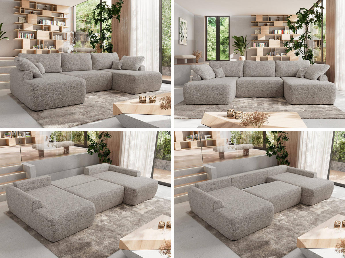 WOHNLANDSCHAFT CUBO U Beige Struktur - Beige/Schwarz, Kunststoff/Textil (370/100/187cm) - MKS