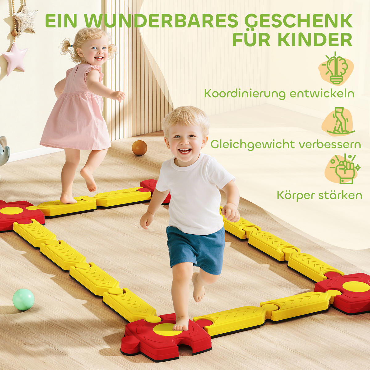 KINDER-SCHWEBEBALKEN mit 4 Balanciersteine für 3-8 Jahre Gelb - Gelb, Kunststoff (165.5/7/165.5cm) - AIYAPLAY