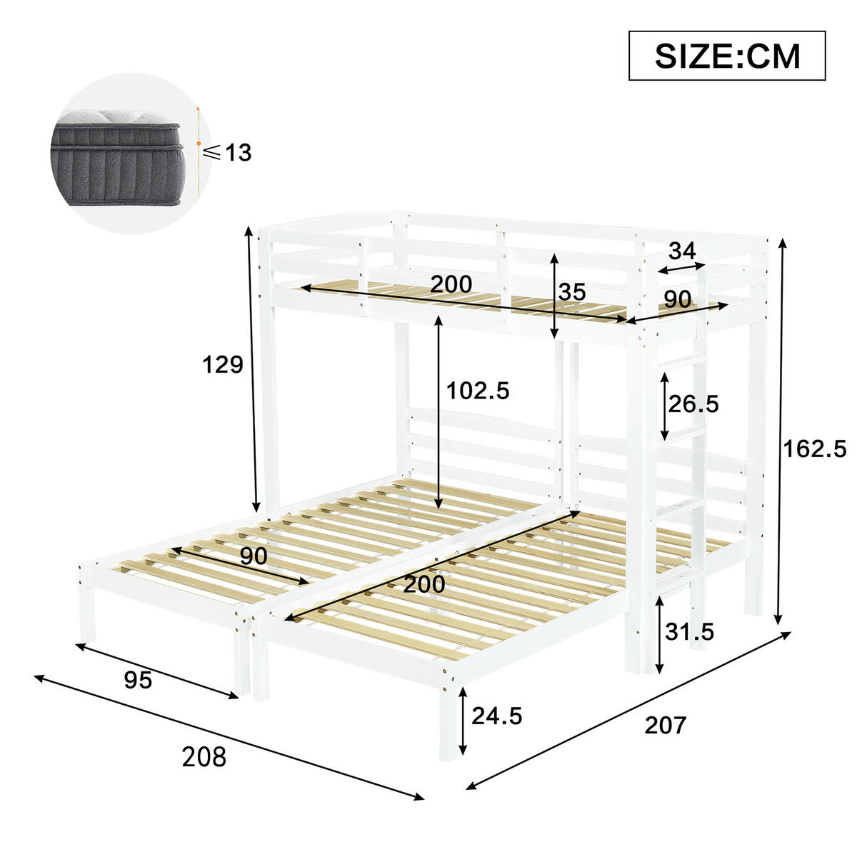 ETAGENBETT 90/200 cm weiß aus Massivholz mit Seitenleiter - Weiß, Holz (90/200cm) - OKWISH