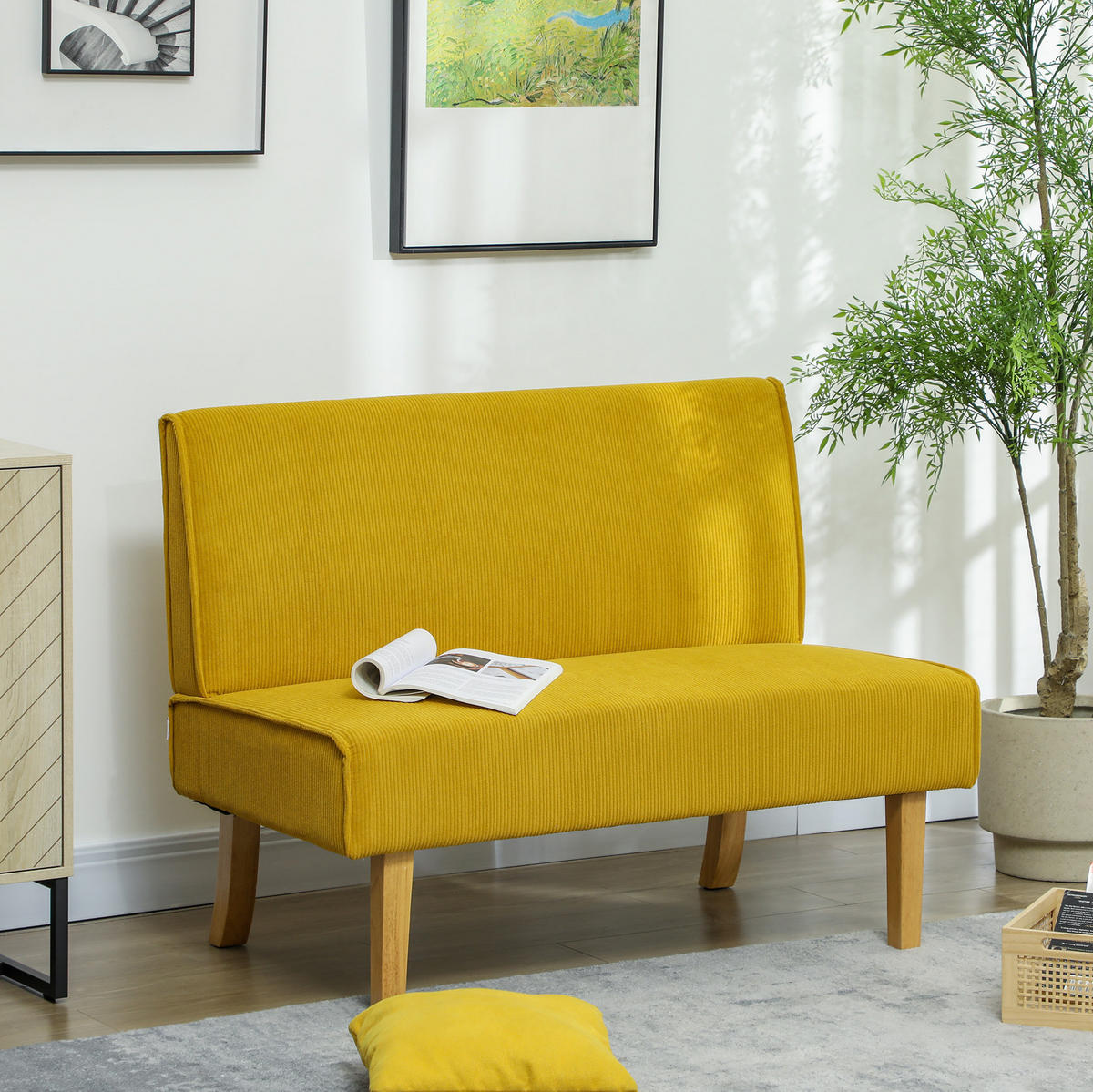 2-SITZER Sofa Cord-Optik Polyester Massivholzrahmen, Holzbeine 110/62/85 cm Gelb - Gelb, Textil (62/85/110cm) - Redom