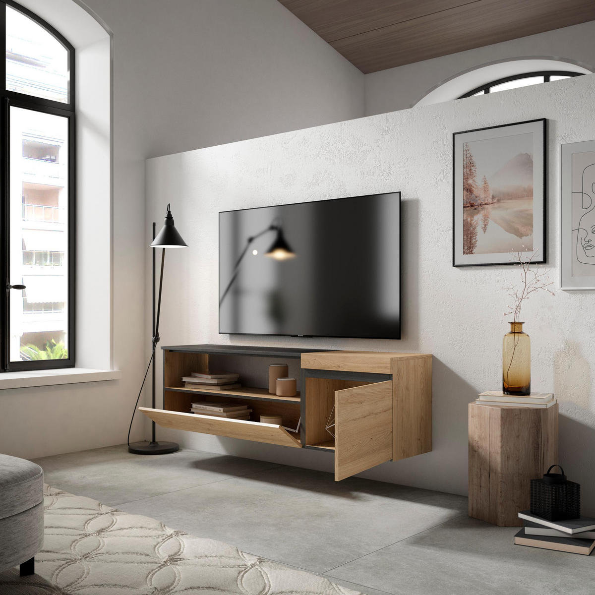 TV-SCHRANK eiche, schwarz, Hängend, 150/35/45cm - Naturfarben, Holzwerkstoff (150/45/35cm) - Skraut Home