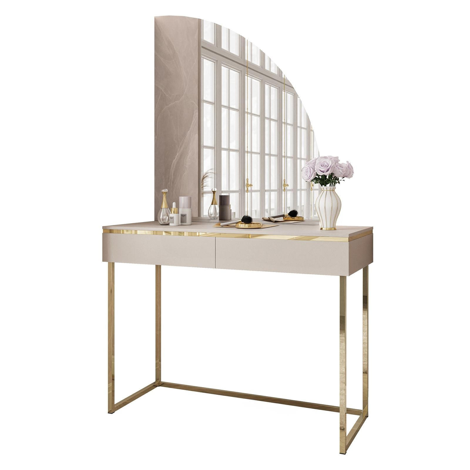 SCHMINKTISCH AURORA-Q GOLD auf goldenem Gestell mit rechts Spiegel - Kaschmir/Goldfarben, Holzwerkstoff/Metall (102/174/44cm) - Lookway