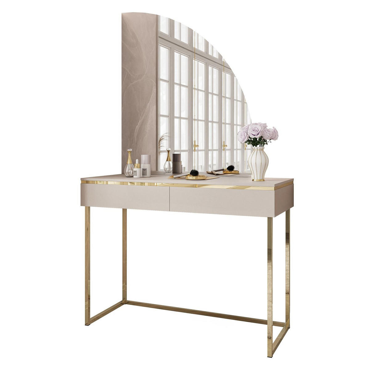 SCHMINKTISCH AURORA-Q GOLD auf goldenem Gestell mit rechts Spiegel - Kaschmir/Goldfarben, Holzwerkstoff/Metall (102/174/44cm) - Lookway
