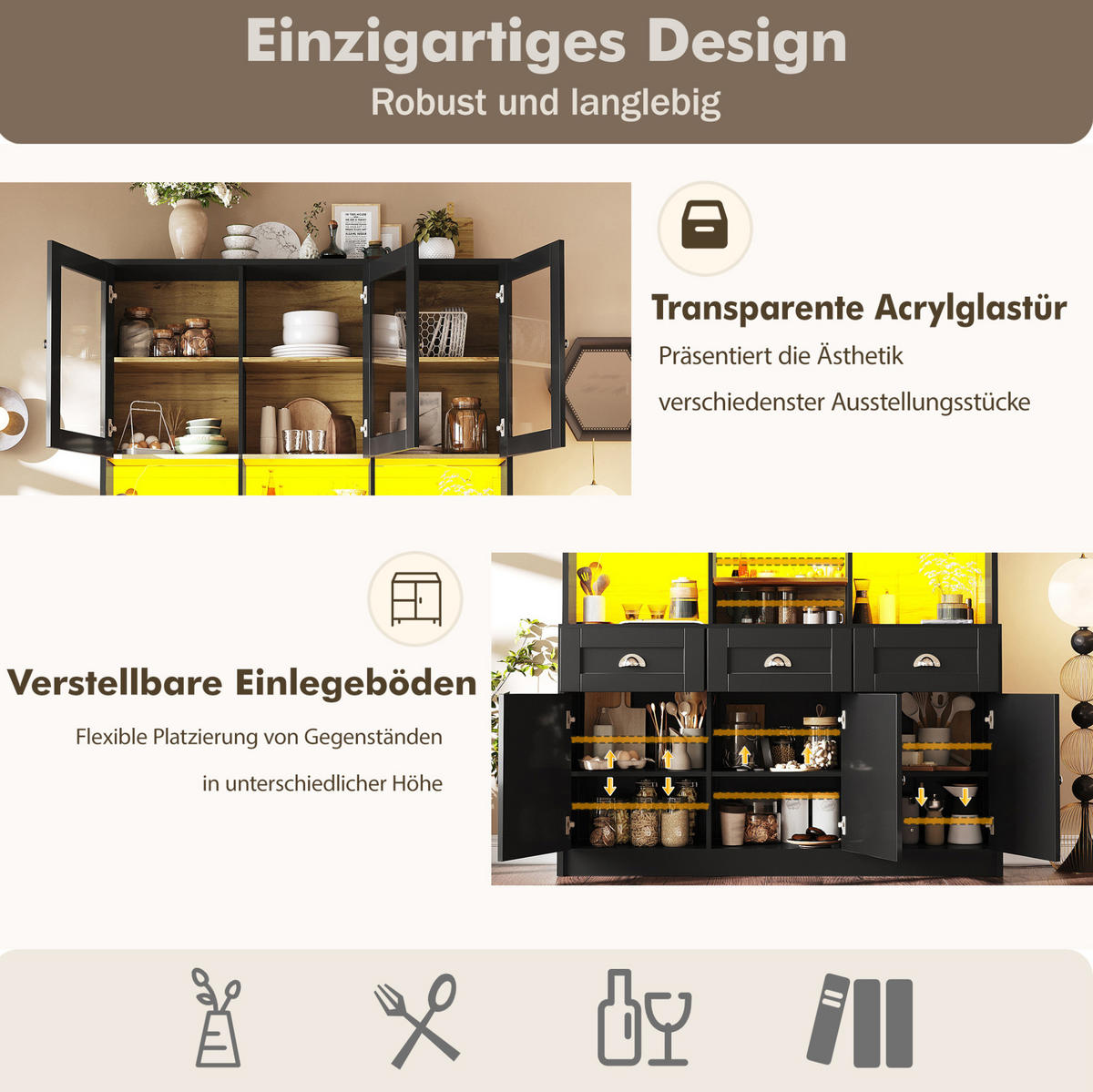 BUFFET 140/175/40 cm Schwarz aus MDF mit LED-Beleuchtung - Schwarz, Holzwerkstoff (40/175/140cm) - OKMYHOME