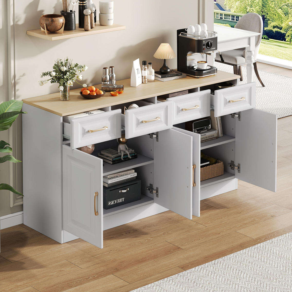 SIDEBOARD 140/40/75 cm mit 4 Türen & 4 Schubladen in Weiß/Eiche - Weiß, Holzwerkstoff (140/75/40cm) - BEAOK