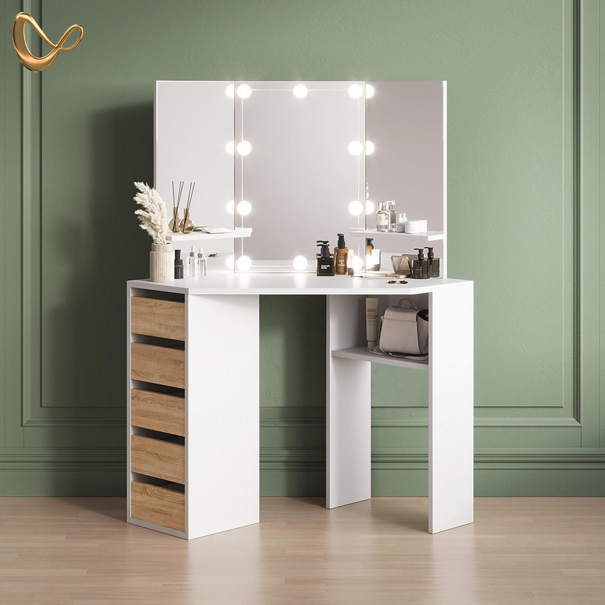 ECKSCHMINKTISCH Enna Weiß/Sonoma 110 cm mit LED Beleuchtung - Weiß/Sonoma Eiche, Holzwerkstoff (110/141.5/54cm) - Livinity®