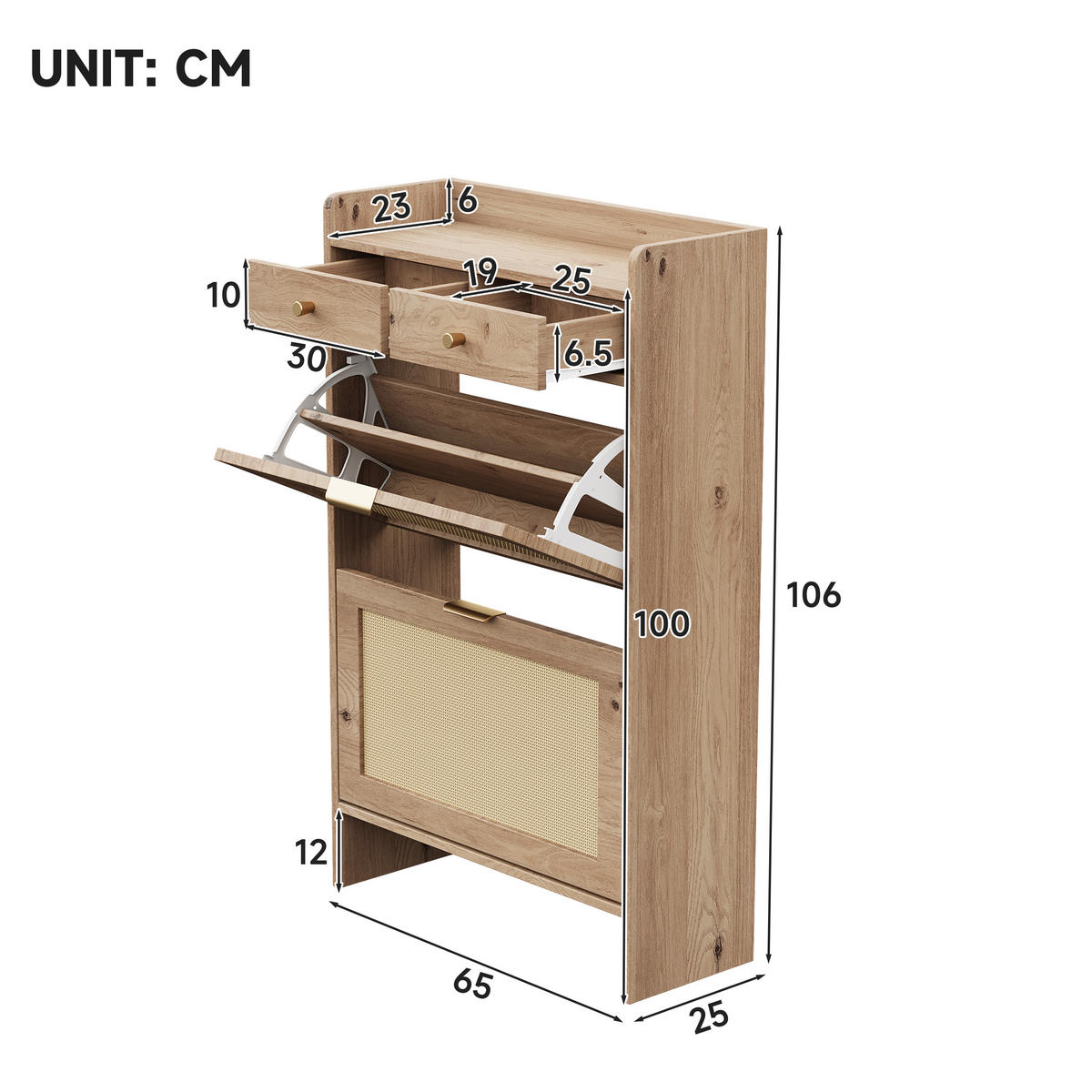 SCHUHSCHRANK 65x25x106cm Holzoptik mit Rattan-Doppeltüren - Naturfarben, Holzwerkstoff (65/106/25cm) - FLIEKS