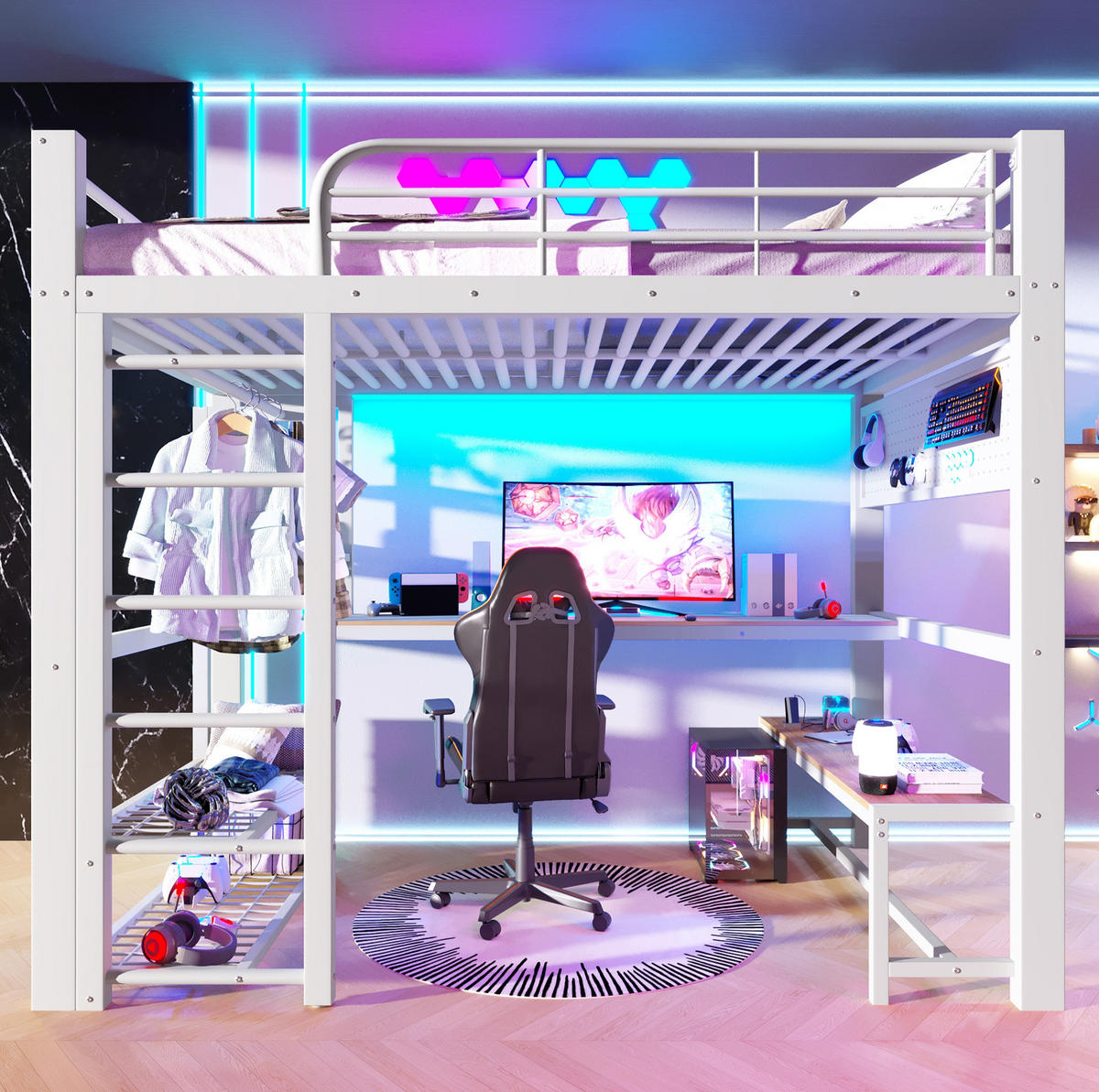 HOCHBETT 140/200 cm mit LED-Beleuchtung, Schreibtisch, Stauraumtreppe und Lochplatte, Weiß - Weiß, Metall (140/200cm) - Redom