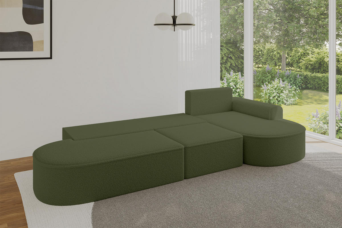 ECKSOFA mit Schlaffunktion Ottomane RECHTS MARI L2-S 368X167X85 Grün Bouclé - Schwarz/Grün, Holzwerkstoff/Kunststoff (167/368cm) - ALTDECOR