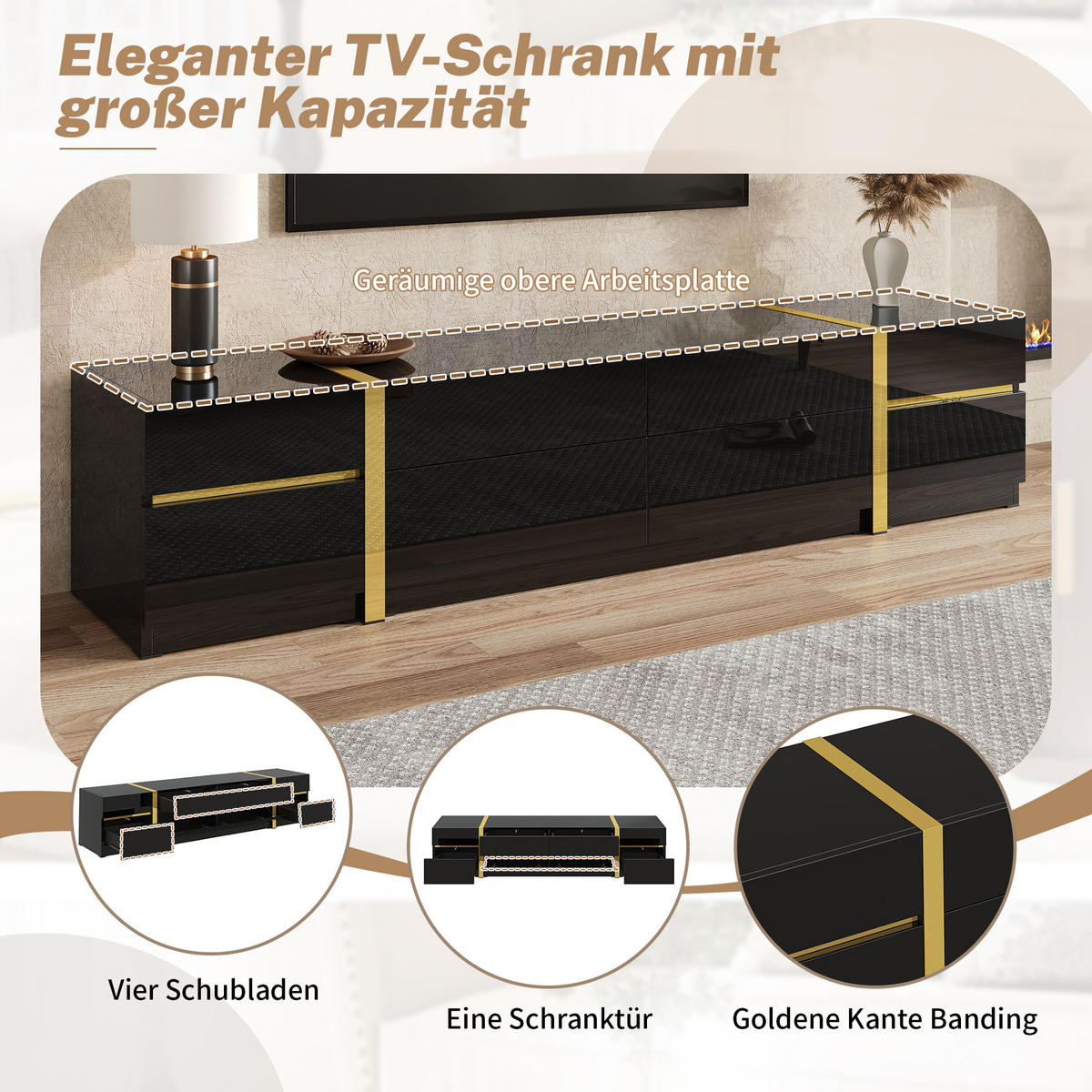TV-SCHRANK Hochglanz Gold Schubladen Türen modern - Schwarz, Holzwerkstoff (40/38/180cm) - FLIEKS