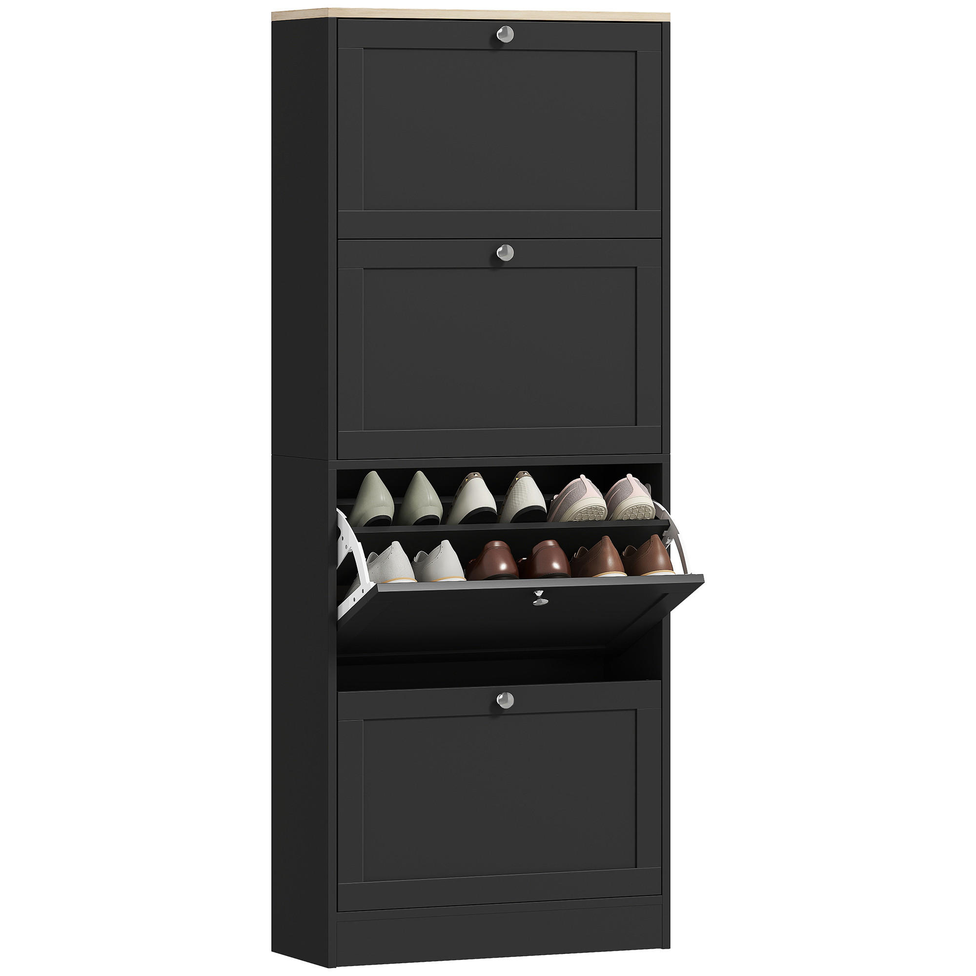 SCHUHSCHRANK Schwarz Holzwerkstoff mit 4 Klappen platzsparend 1 Stück - Schwarz, Holzwerkstoff (60/153.3/23.5cm) - PANGIVO