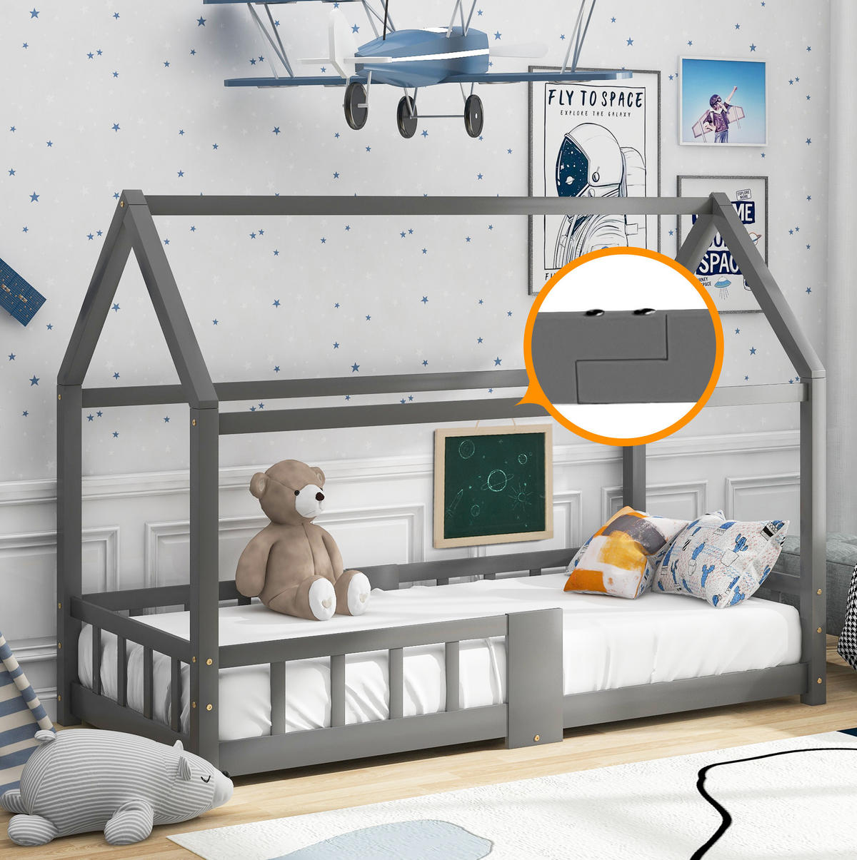 HAUSBETT 90/200 cm Grau aus Kiefer massiv mit Tafel und Rausfallschutz - Grau, Holzwerkstoff (90/200cm) - Flora Grace