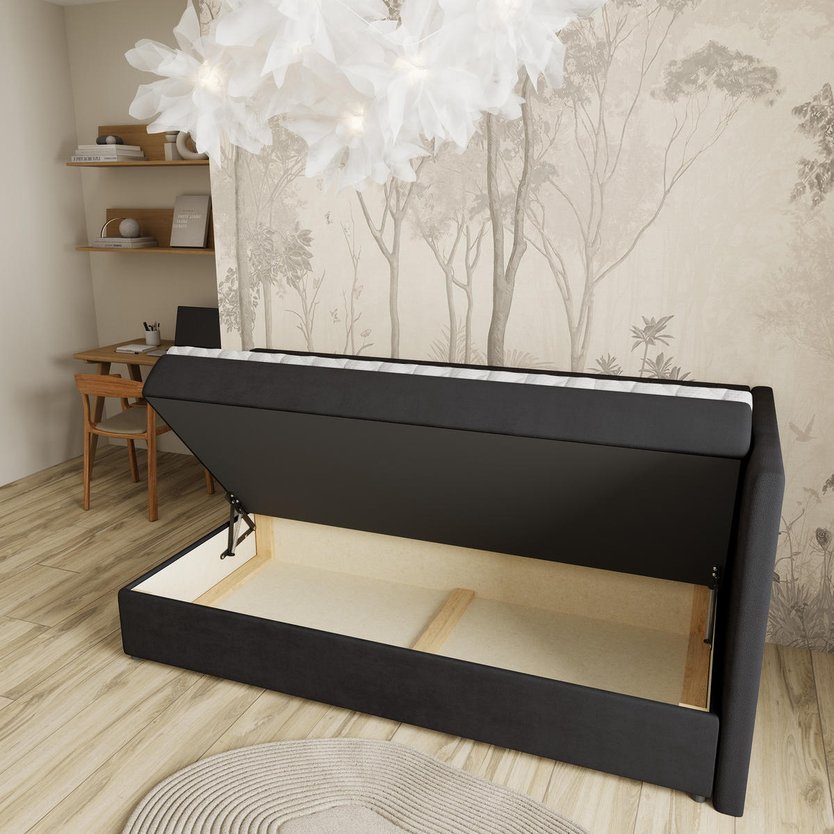 BOXBETT ARIS 80x200 cm mit Matratze und Topper, H2+H3 - Schwarz - Schwarz, Holz (80/200cm) - MASSENO