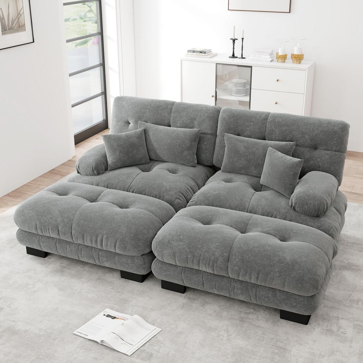 ECKSOFA modular mit beweglichen Ottomane, breiten Armlehnen und Dekokissen, Grau - Grau, Textil (220/145cm) - Redom