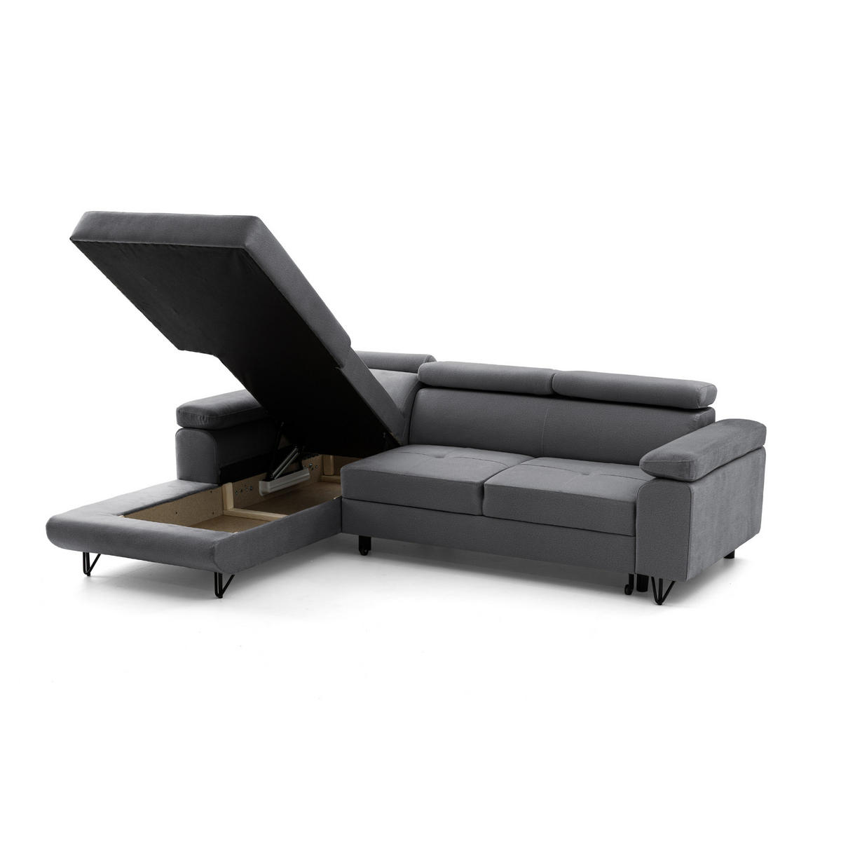 ECKSOFA NORIS L Links mit Schlaffunktion 128x203 Velours Dunkelgrau - Dunkelgrau/Schwarz, Holz/Textil (250/183cm) - Muffo
