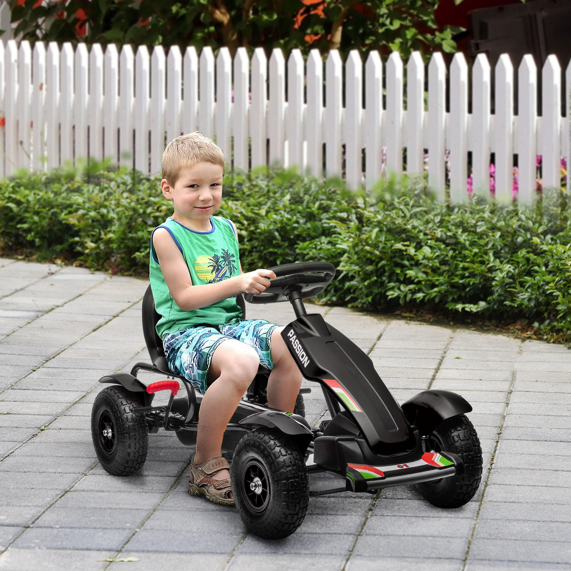 KINDER GO KART TRETAUTO, Schwarz, Kunststoff+ Metall - Schwarz, Metall (121/58/61cm) - HOMCOM