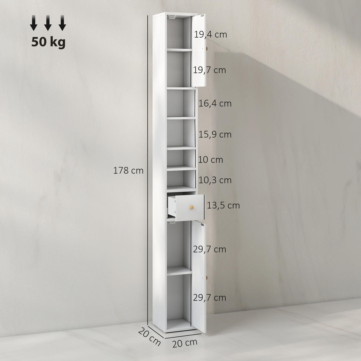 BADEZIMMERSCHRANK schmal, 3 offenen Fächern, 20 x 20 x 178 cm Weiß - Weiß, Holzwerkstoff (20/178/20cm) - HOMCOM