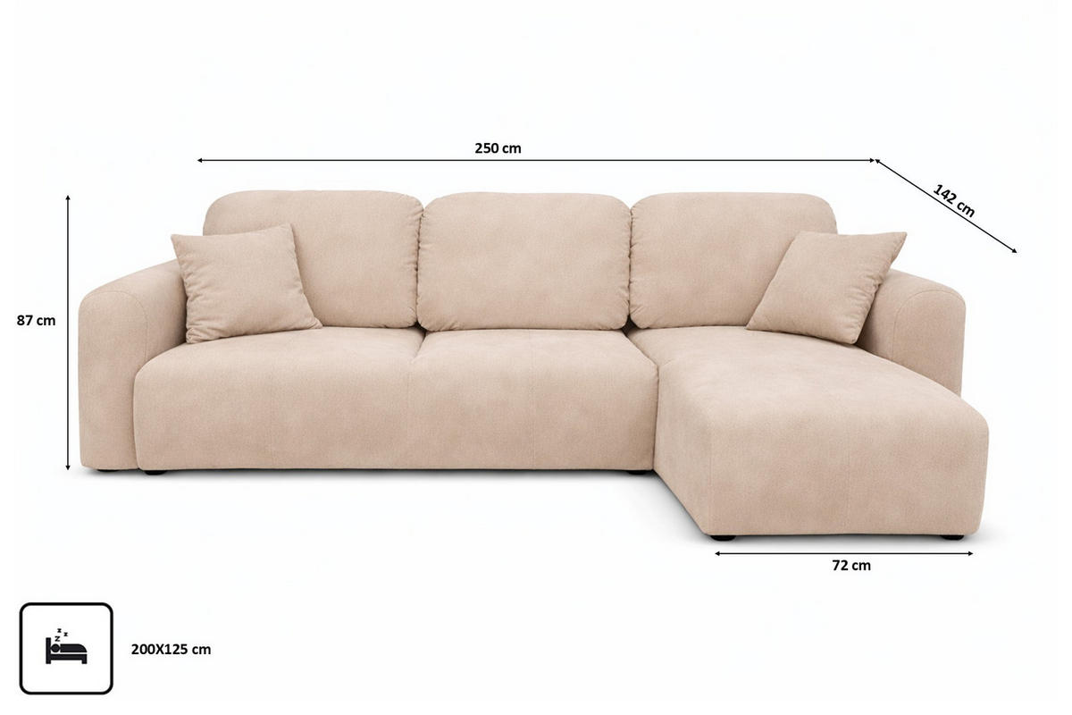 ECKSOFA Mit Schlaffunktion Und Bettkasten, Sofa L-Form Bingo L, Veloursstoff Salvador, Beige, Rechts - Beige, Holz (250/142cm) - Kaiser Möbel