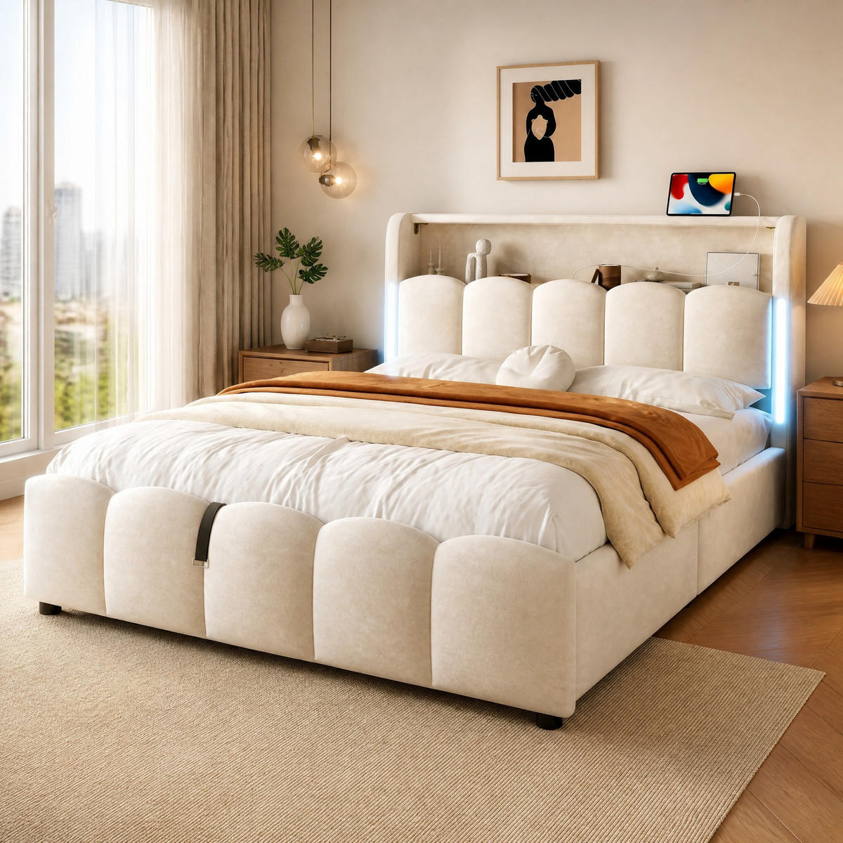 POLSTERBETT 140/200 mit Bettkasten, LED, USB und Type-C in Beige - Beige, Holzwerkstoff/Textil (140/200cm) - EVRYAE