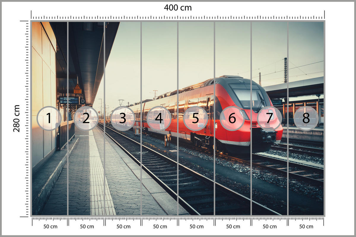 FOTOTAPETE für Wohnzimmer Moderner Roter Zug Bahnhof Geleise 400x280 - Rot/Braun, Papier (400/280cm) - Muralo