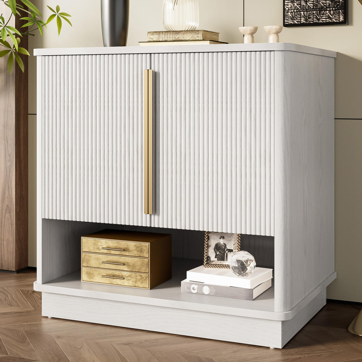 SCHUHSCHRANK Holzoptik mit 2 Türen und offenem Fach, Flurschrank für Diele - Weiß, Holz (60/61/40cm) - PARAFTA HOME