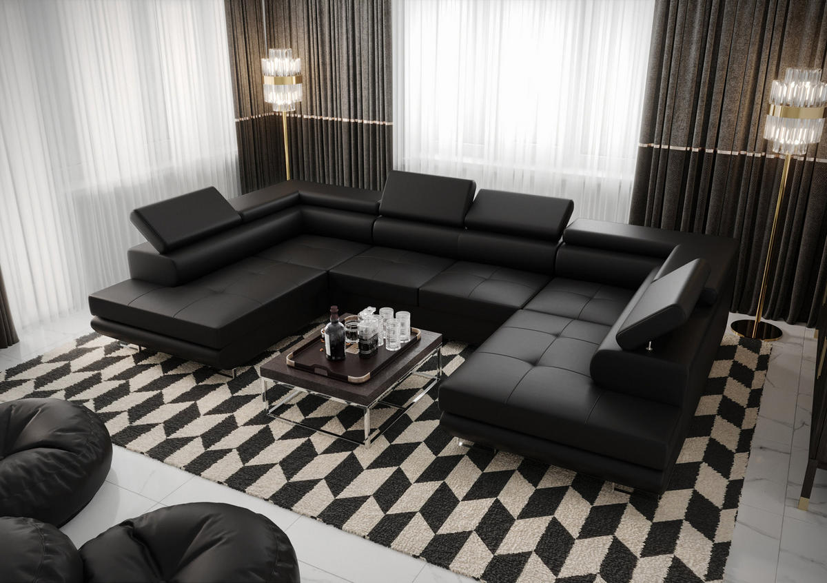 WOHNLANDSCHAFT PRAGA DESIGN U, Eckcouch in U-Form mit Schlaffunktion, Farbe: Schwarz, Kunstleder, Ottomane Universal - Schwarz, Textil (342/89/202cm) - O-Sofa