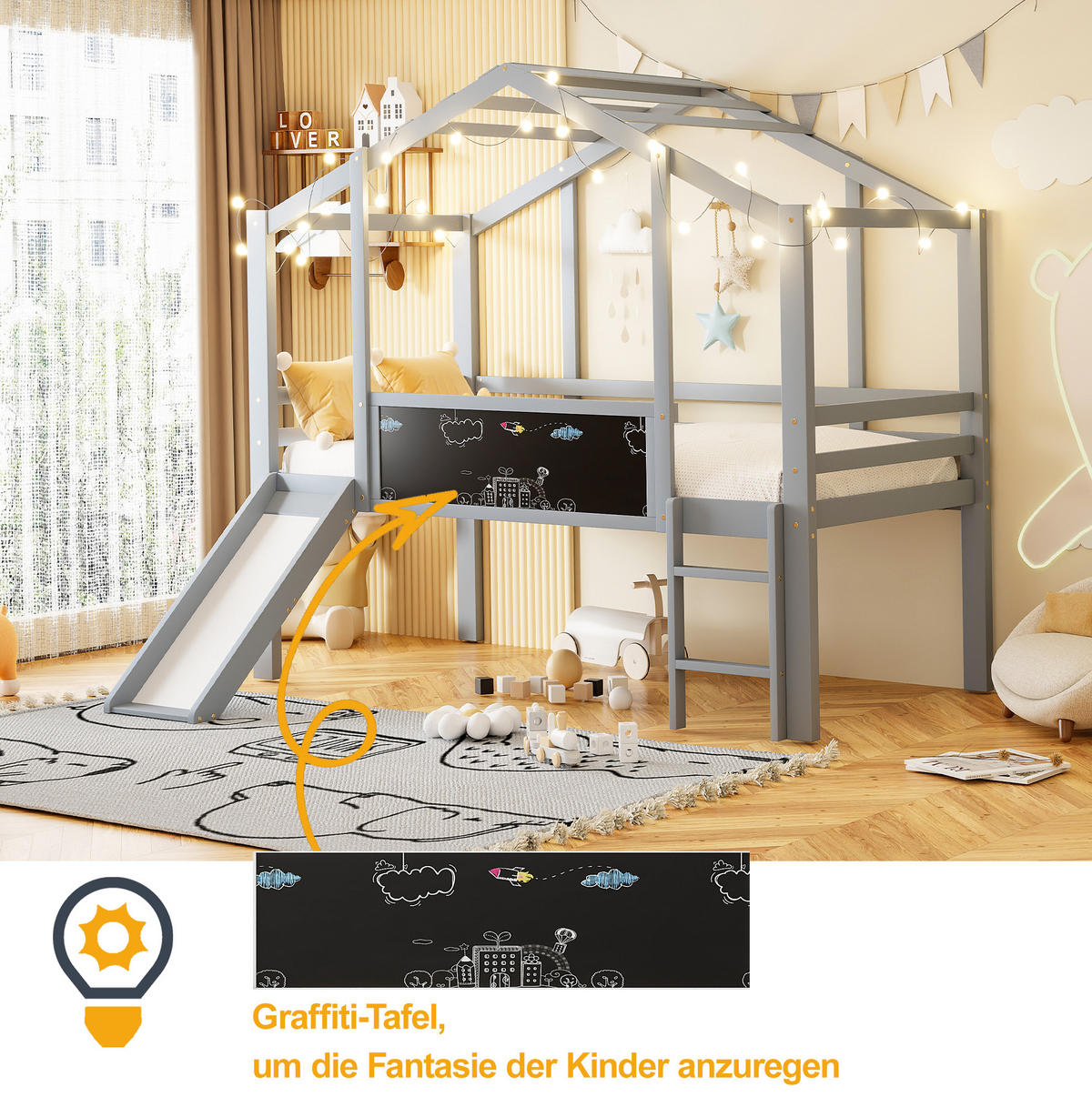 HAUSBETT 90/200 cm Grau aus Massivholz mit Rutsche und Tafel - Grau, Holz (90/200cm) - OKMYHOME