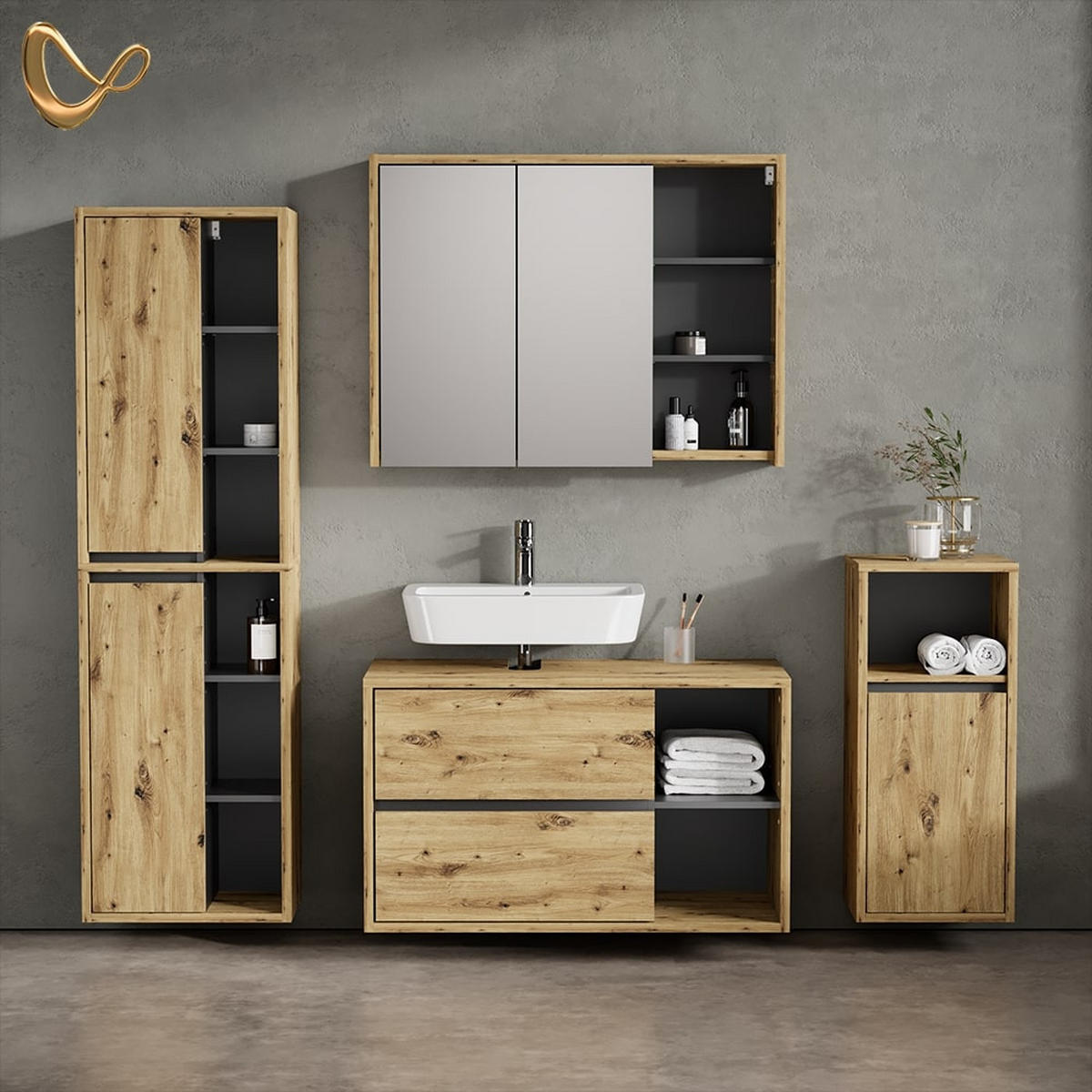 BADMÖBEL-SET Vomano Braun 4 Teile - Anthrazit/Braun, Holzwerkstoff (45/100/60cm) - Livinity®