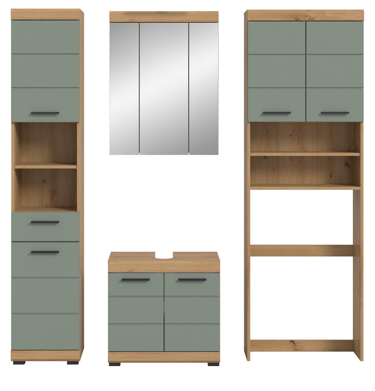BADMÖBEL-SET Salbei grün, Eiche Artisan 4-teilig 190 cm, Komplettset mit viel Stauraum - Salbeigrün/Schwarz, Glas/Holzwerkstoff (190/191/34cm) - Inn.Furn