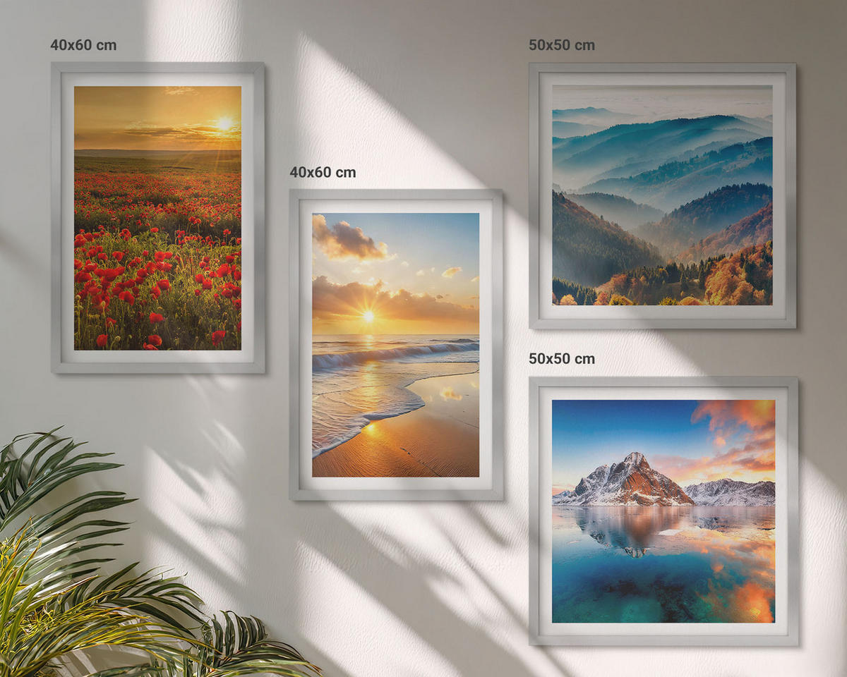 WANDBILDER 4er Set - 50x50 cm & 40x60 cm Silberner Rahmen - Landschaften aus Bergen und Meeren im Westen - Silberfarben, Kunststoff (50/50cm) - ArtPrintCave