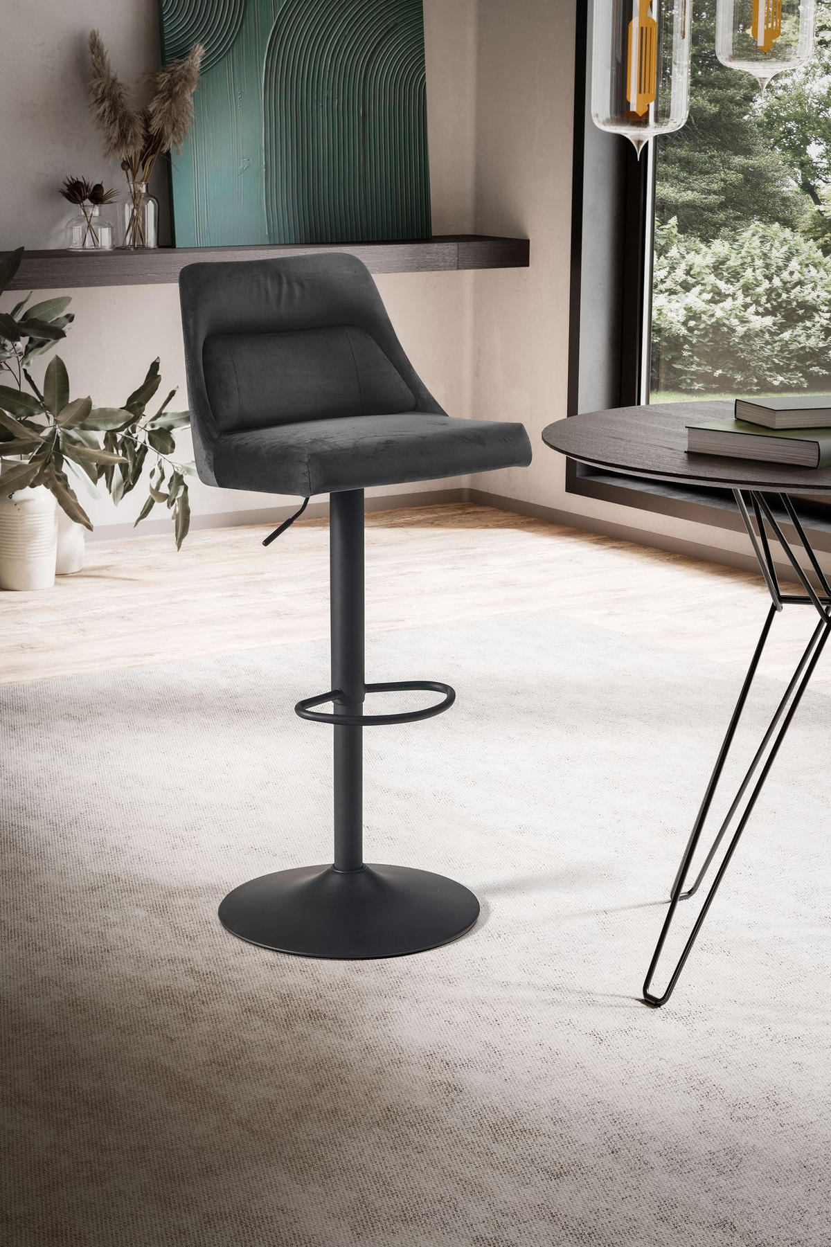 BARHOCKER Samt Lehne Höhenverstellbar Trompetenfuß Gepolstert, Grau 45x51x106 cm - Schwarz/Grau, Textil/Metall (45/106/51cm) - KADIMA DESIGN