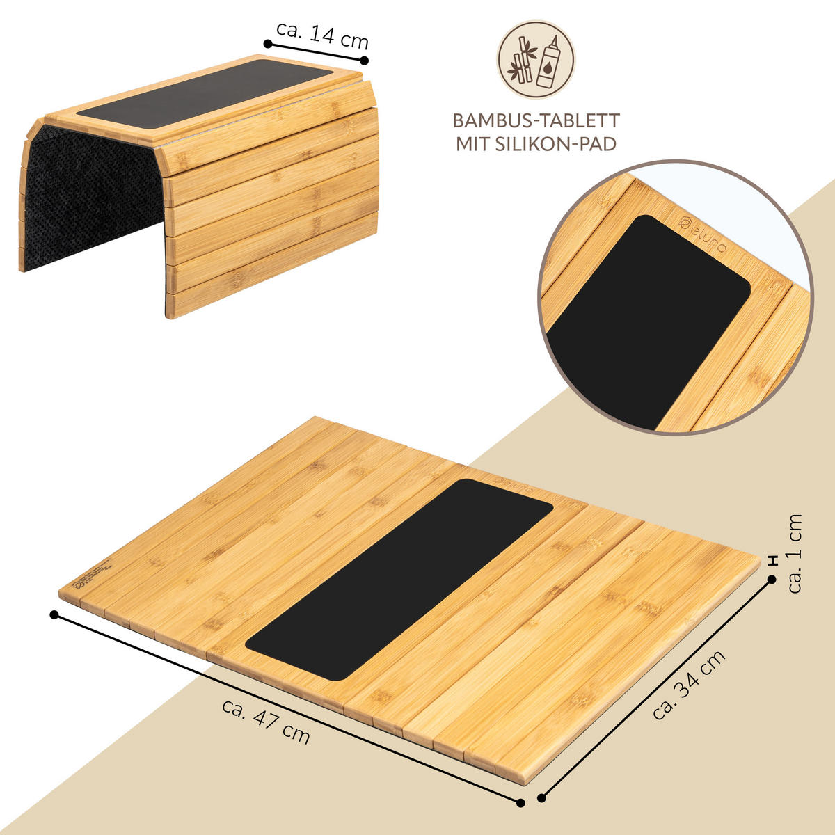 ARMLEHNEN-SOFATABLETT mit rutschfester Silikonablage, Bambus - Naturfarben, Naturmaterialien (47/1/34cm) - eluno