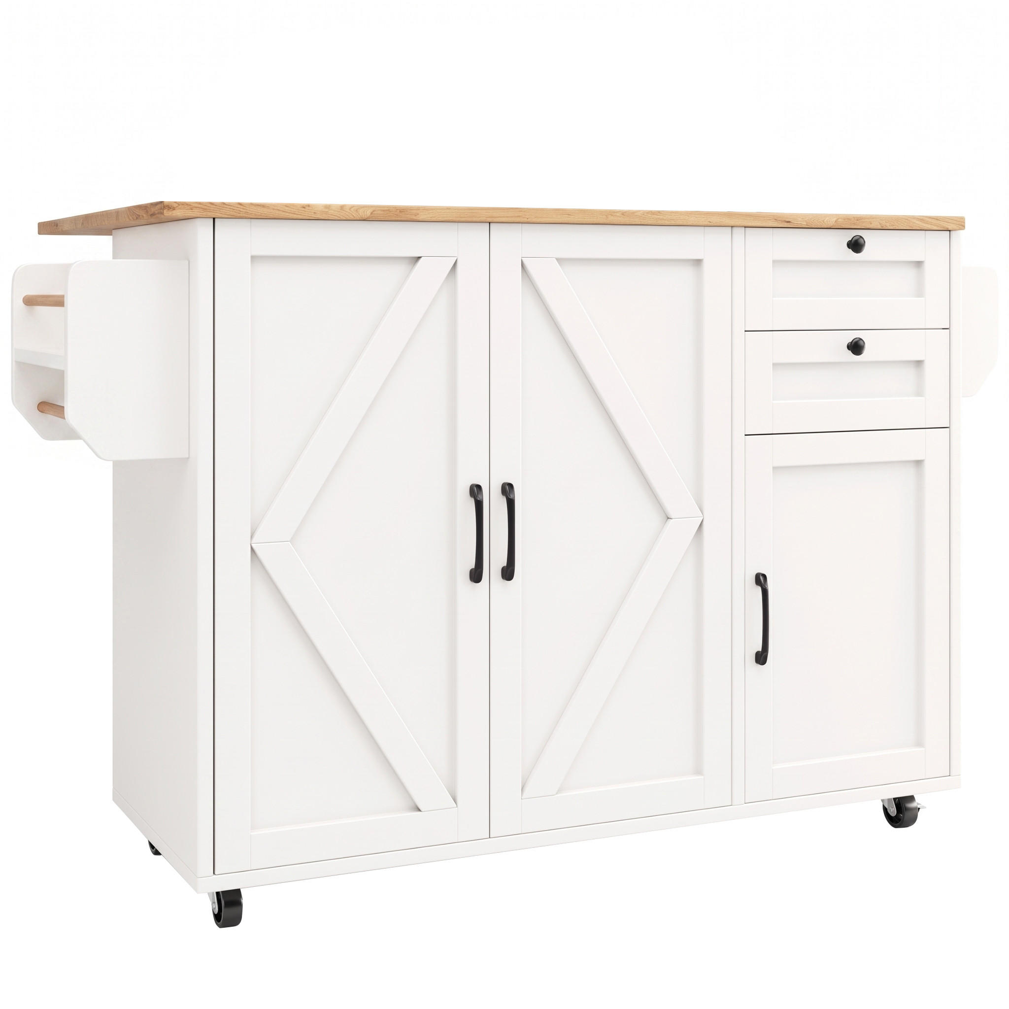 KUCHYŇSKÝ OSTRŮVEK bílý se sklopným stolem, kolečky a 2 zásuvkami - bílá, kompozitní dřevo (120/92/43.2cm) - Urban Meuble