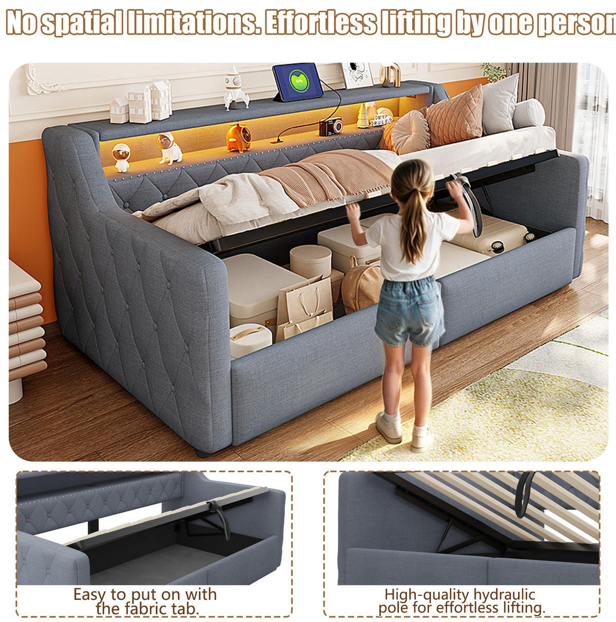 BETT 90/200 cm in Grau mit LED-Beleuchtung und Stauraum - Grau, Holzwerkstoff (90/200cm) - Flora Grace