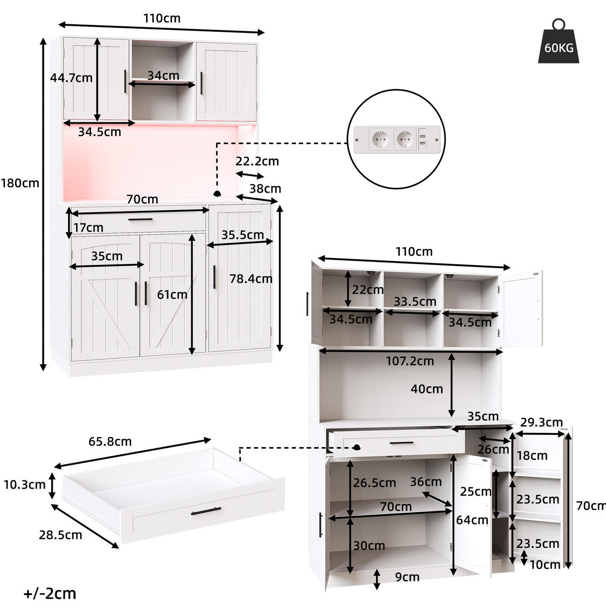 BUFFET 110/180/38 cm Weiß aus MDF und Metall mit LED-Leiste und Steckdosenleiste - Weiß, Holzwerkstoff (38/180/110cm) - OKMYHOME