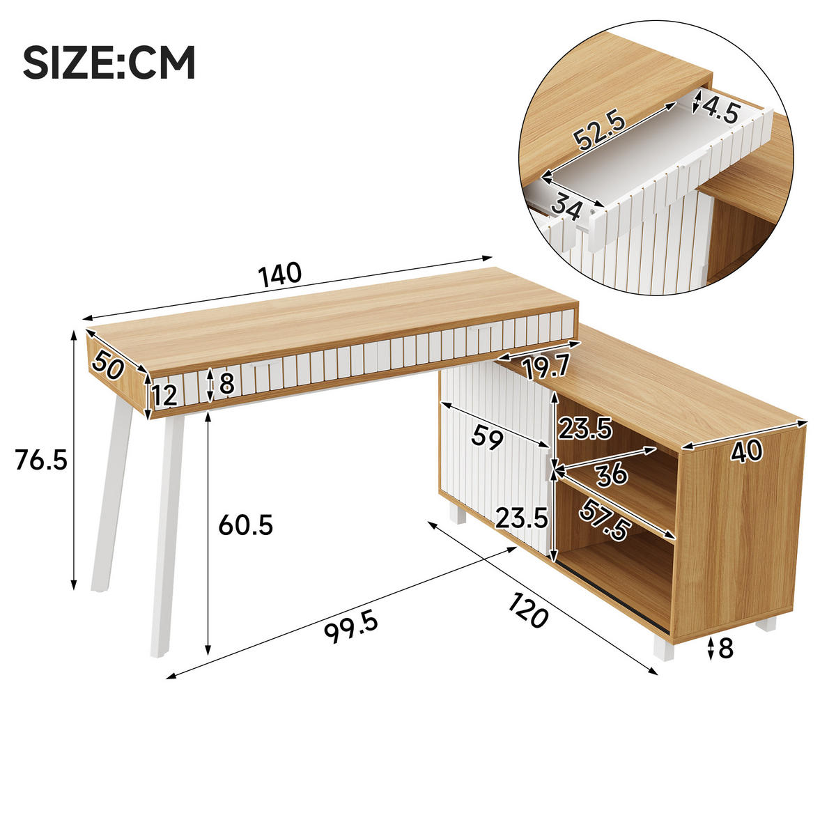 BÜROSCHREIBTISCH in natur & weiß, stahlgestell, rillen-design - Naturfarben, Holzwerkstoff (120/140/76.5cm) - Urban Meuble